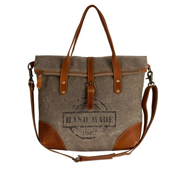 Myra Bag Handmade Hand Shoulder Bag Upcycled Canvas & Cowhide Leather - Picture 6 of 10